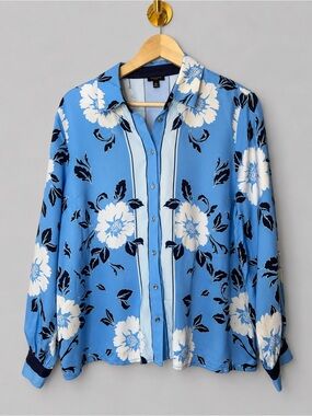 Talbots XL Blue Floral Button Front Blouse Long Sleeve Collared Shirt